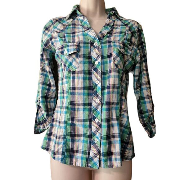 Rue 21 Western Button Blouse Plaid Long Sleeves - Picture 1 of 9